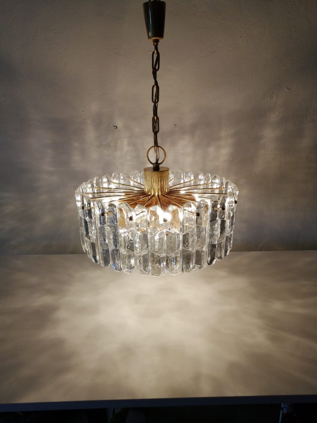 J. T. Kalmar Franken Kg Ice Glass & Brass Chandelier 1970s Austria photo furniture