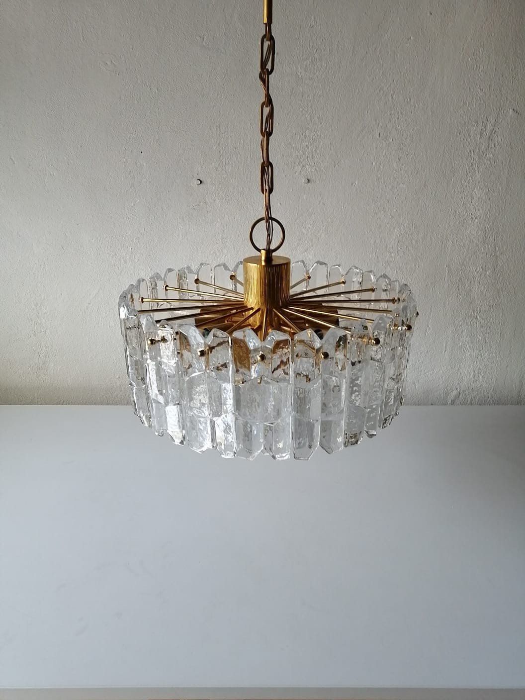 J. T. Kalmar Franken Kg Ice Glass & Brass Chandelier 1970s Austria photo for sale