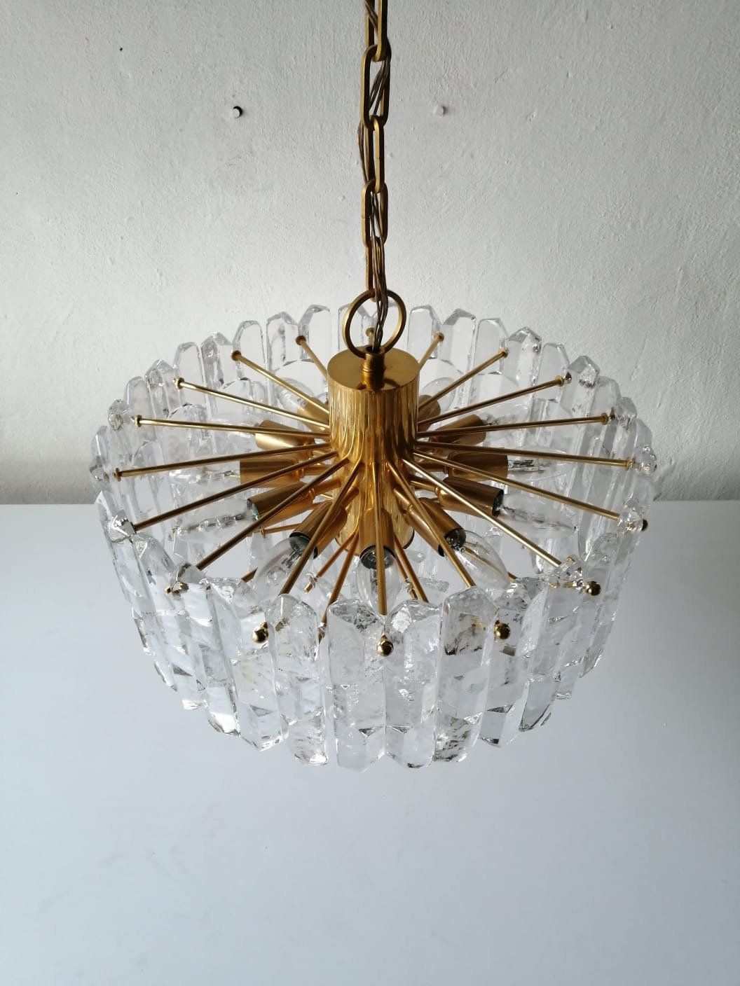 J. T. Kalmar Franken Kg Ice Glass & Brass Chandelier 1970s Austria photo Lighting