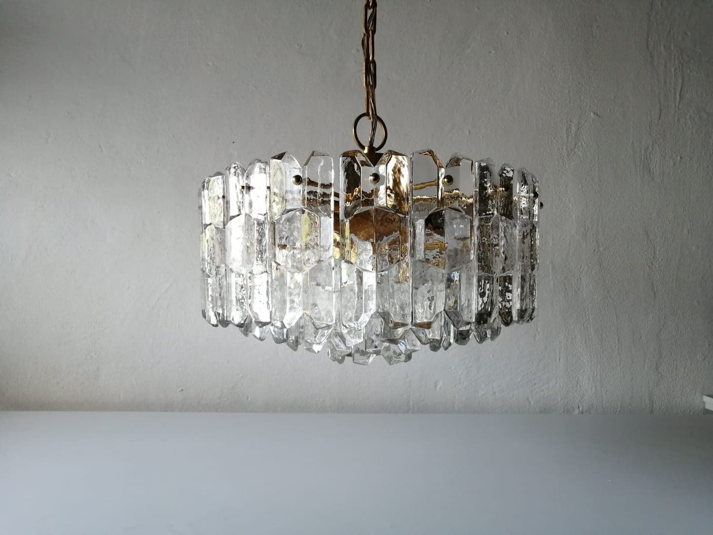 J. T. Kalmar Franken Kg Ice Glass & Brass Chandelier 1970s Austria photo vinterior