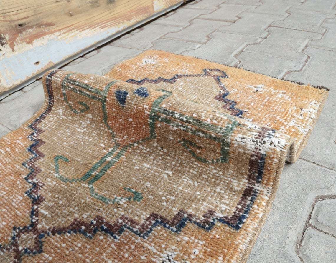 1’6” X 3’3” Ft Handmade Turkish Vintage Oushak Rugs, Door Mat Carpet, Handmade Wool Oriental Doormat, Orange Mini Rug, One Of A Kind photo Textiles
