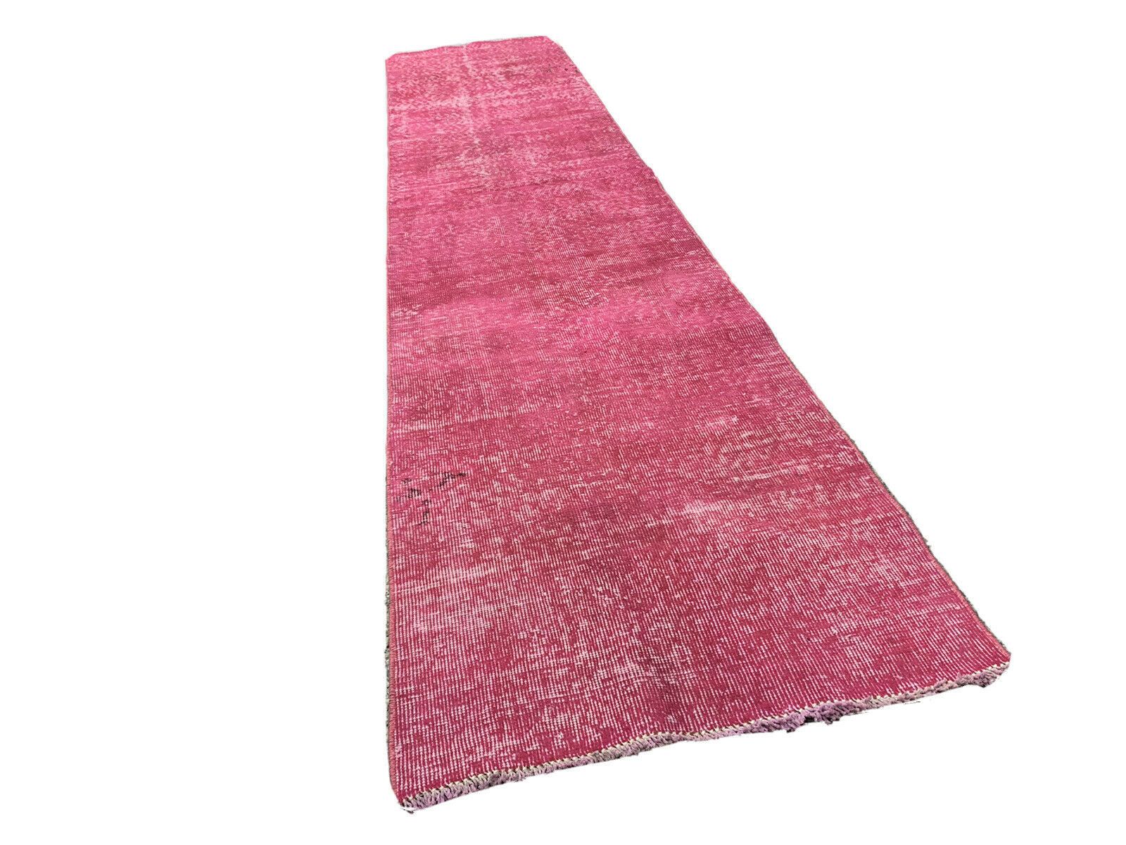 Distressed Turkish Narrow Runner Wool Vintage Rug, Over Dyed Pink photo vintage