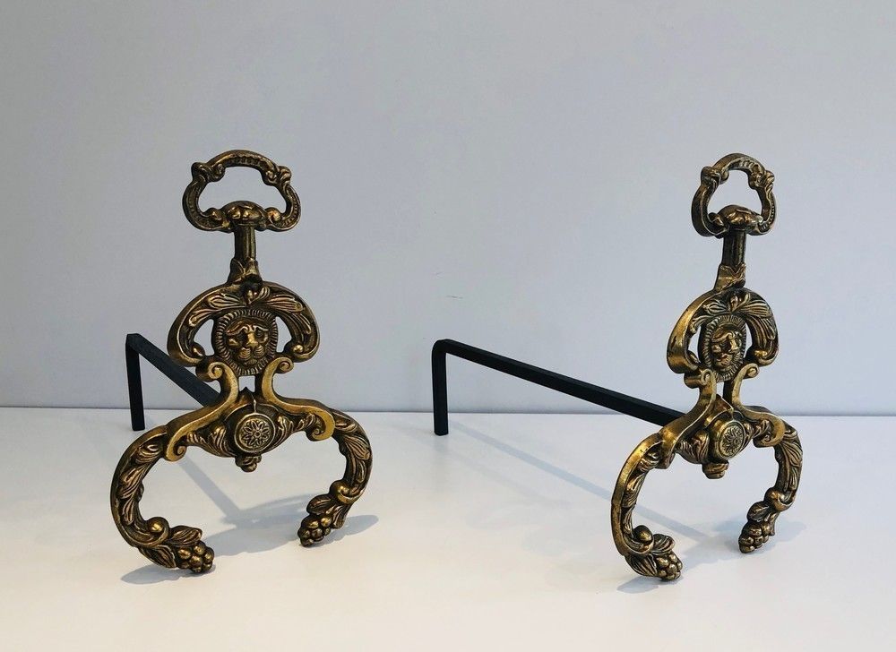 Pair Of Neoclassical Style Bronze And Wrought Iron Andirons With Lions Faces. French. Circa 1940 photo for sale