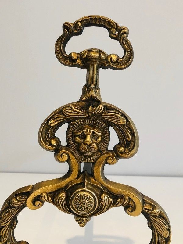 Pair Of Neoclassical Style Bronze And Wrought Iron Andirons With Lions Faces. French. Circa 1940 photo buy