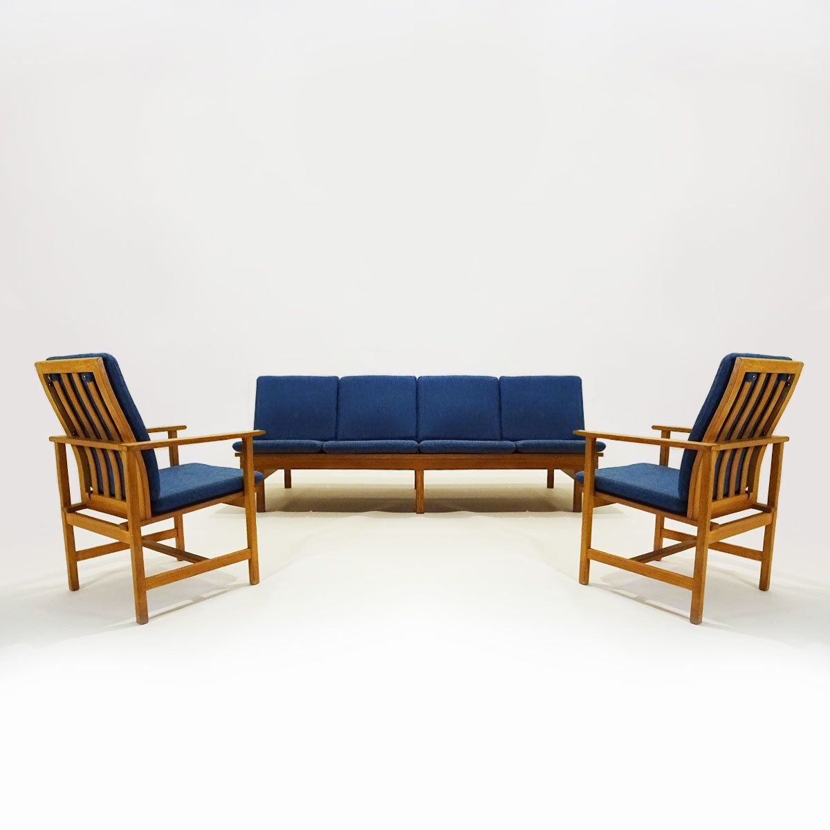 Danish Mid Century Børge Mogensen 4 Seater Oak Bench Sofa And Two Armchairs.