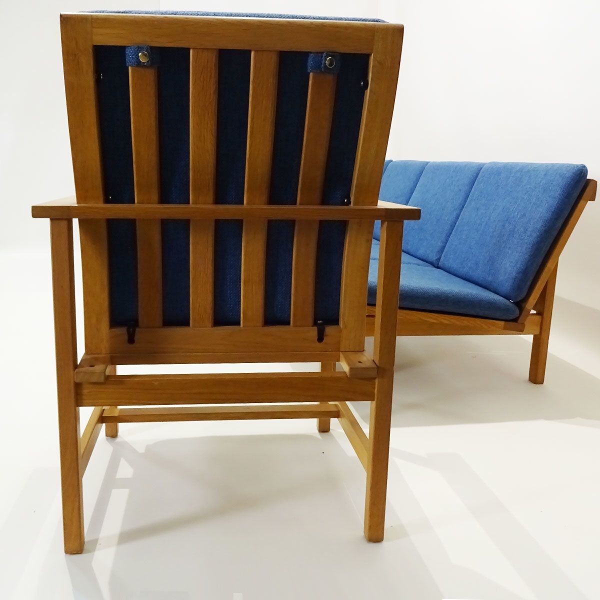 Danish Mid Century Børge Mogensen 4 Seater Oak Bench Sofa And Two Armchairs. photo for sale
