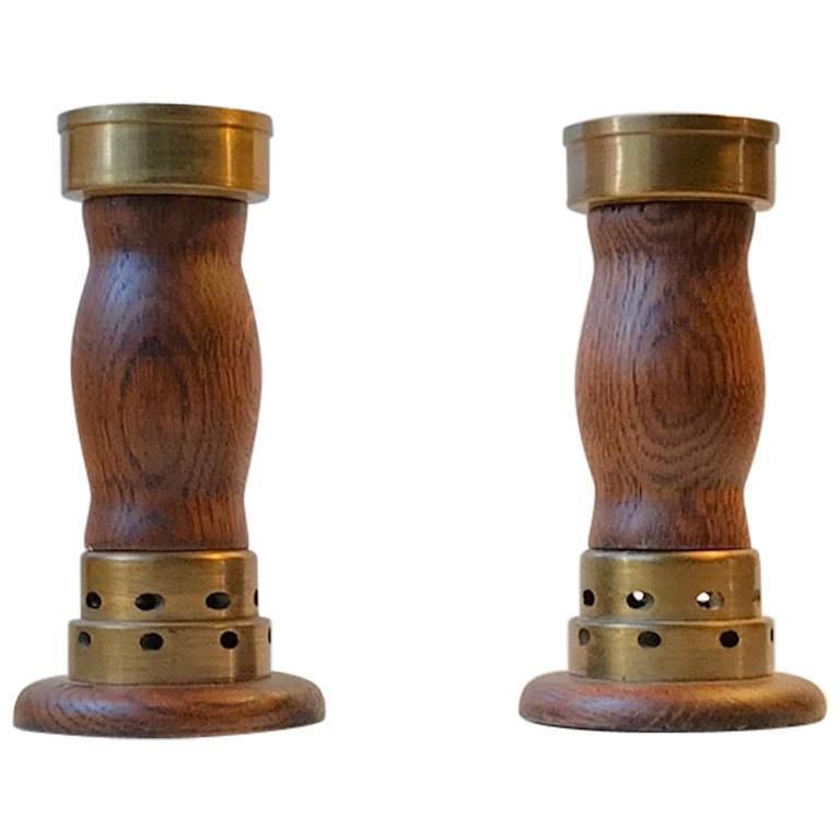 Vintage Danish Church Candleholders In Oak And Bronze, 1950s, Set Of 2 photo furniture