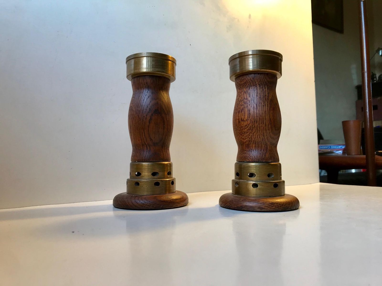 Vintage Danish Church Candleholders In Oak And Bronze, 1950s, Set Of 2