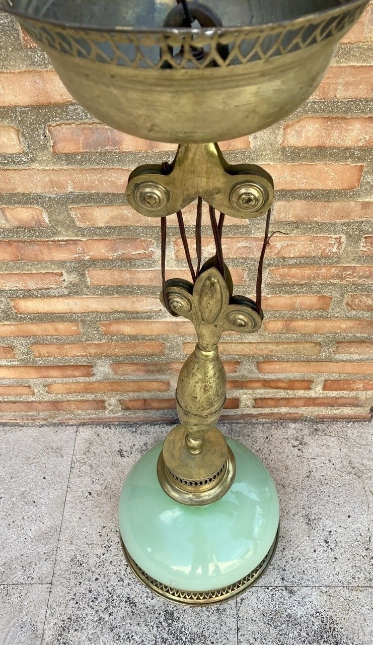 Mid Century Pulley Pendant Lamp With Opaline Green Crystal And Brass photo 822.0