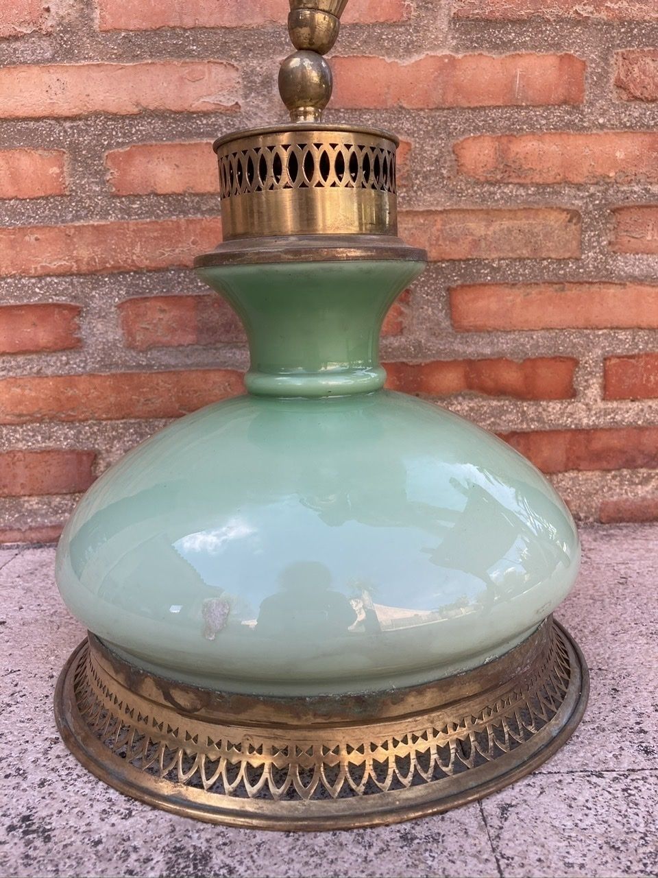 photo furniture Mid Century Pulley Pendant Lamp With Opaline Green Crystal And Brass