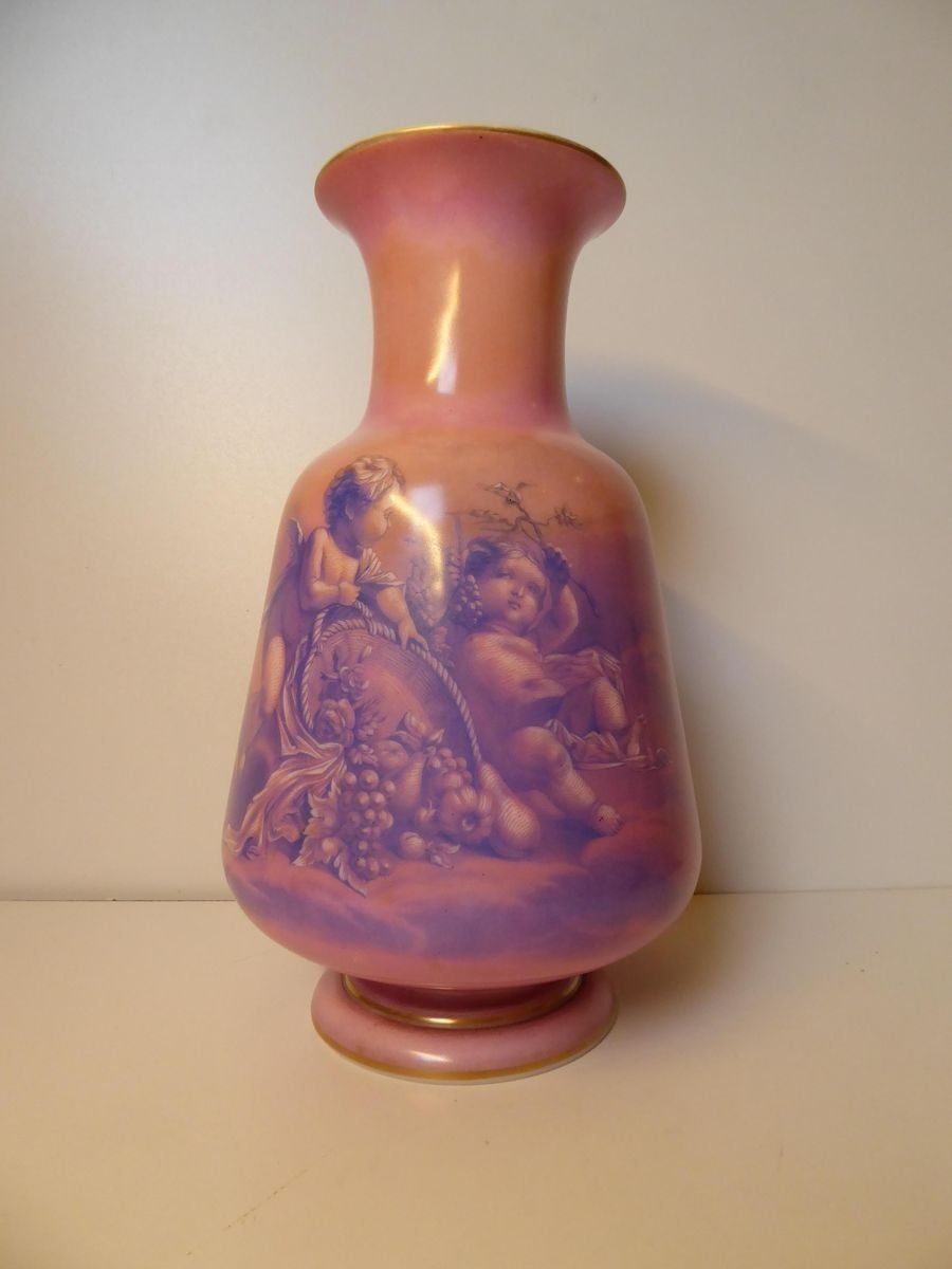 Large Antique Hand Painted Opaline Glass Vase