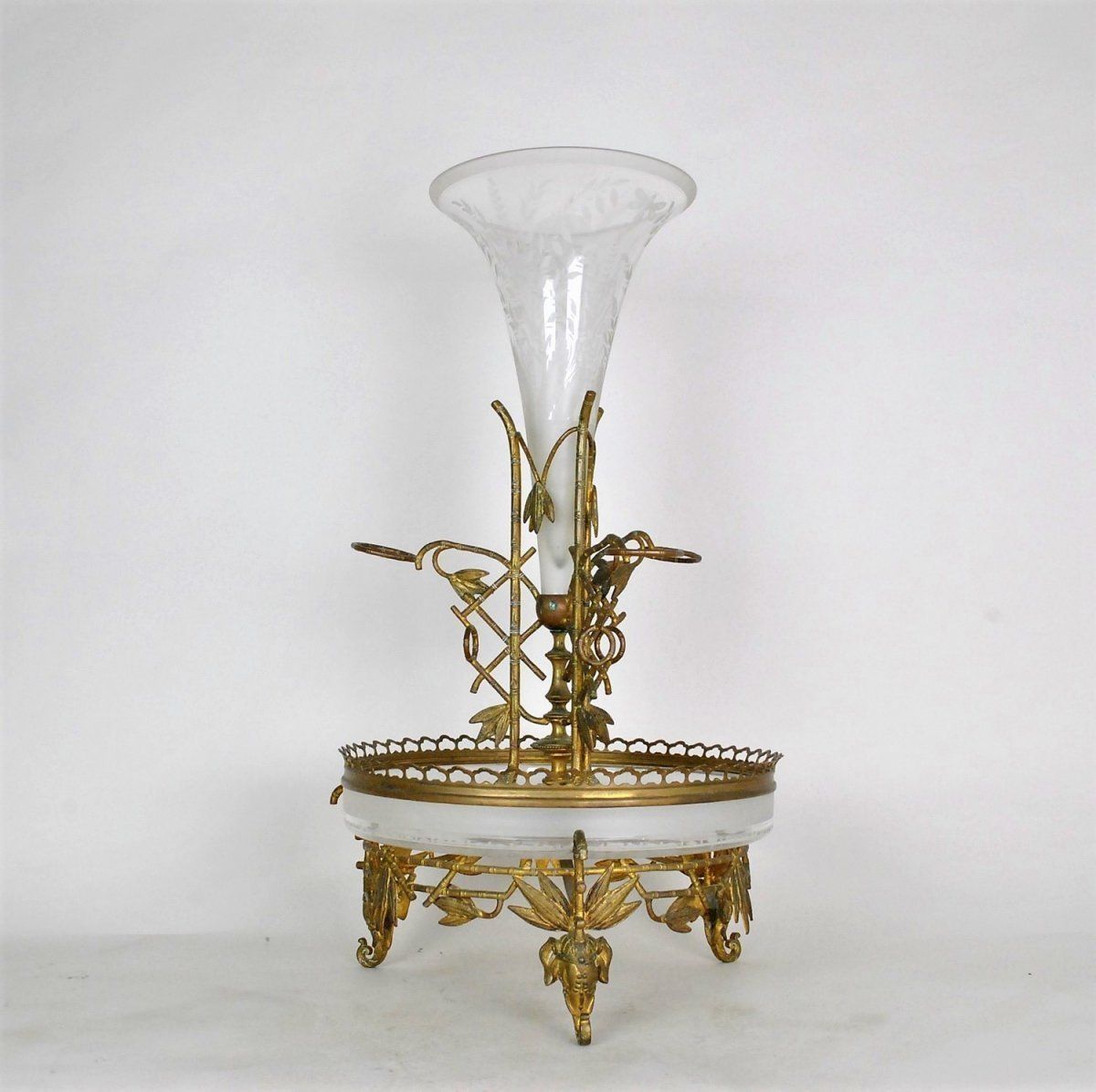 Centerpiece In Bronze And Glass, Bamboo And Elephant Heads, Att Giroux, 19th Century