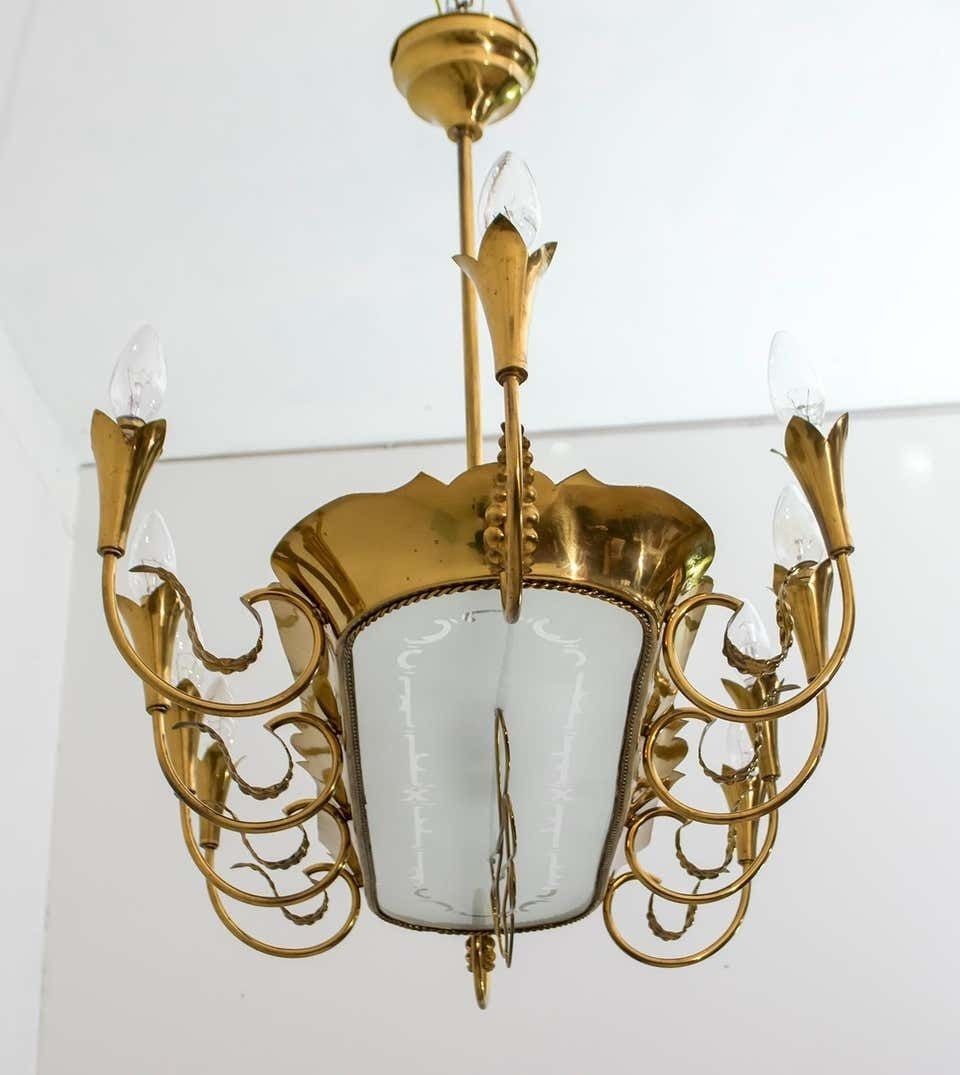 6878.0 After Pietro Chiesa Mid Century Italian Brass 12 Lights Candelier Fontana Arte 40s photo