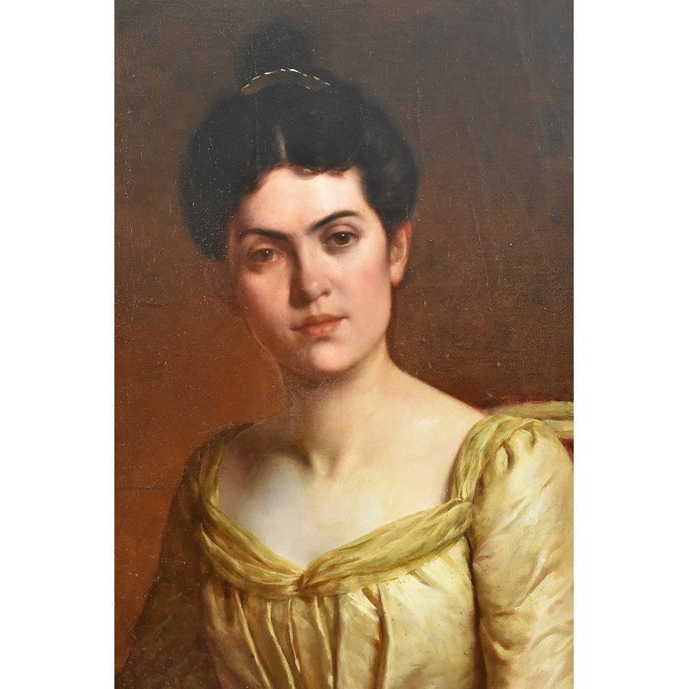 Antique Painting, Elegant Woman Portrait Painting, French Oil Painting On Canvas, 19 Th Century. (Qr 272) photo for sale