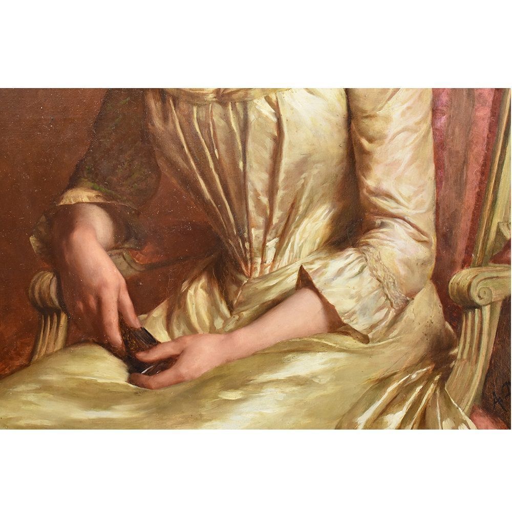 Antique Painting, Elegant Woman Portrait Painting, French Oil Painting On Canvas, 19 Th Century. (Qr 272) photo 6500.0