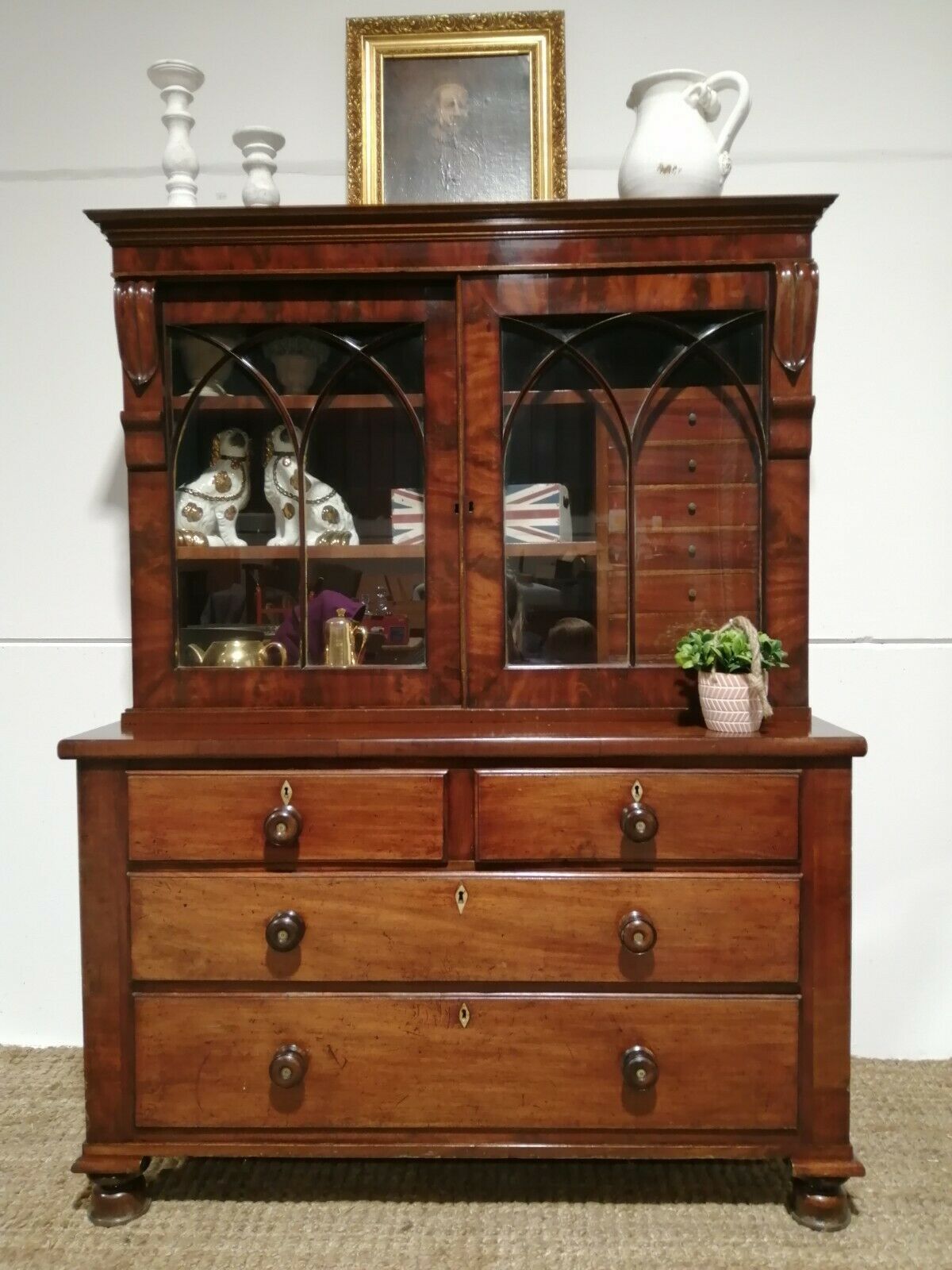 Antique Mahogany Early 19th Century Bookcase Cupboard On Chest C1840