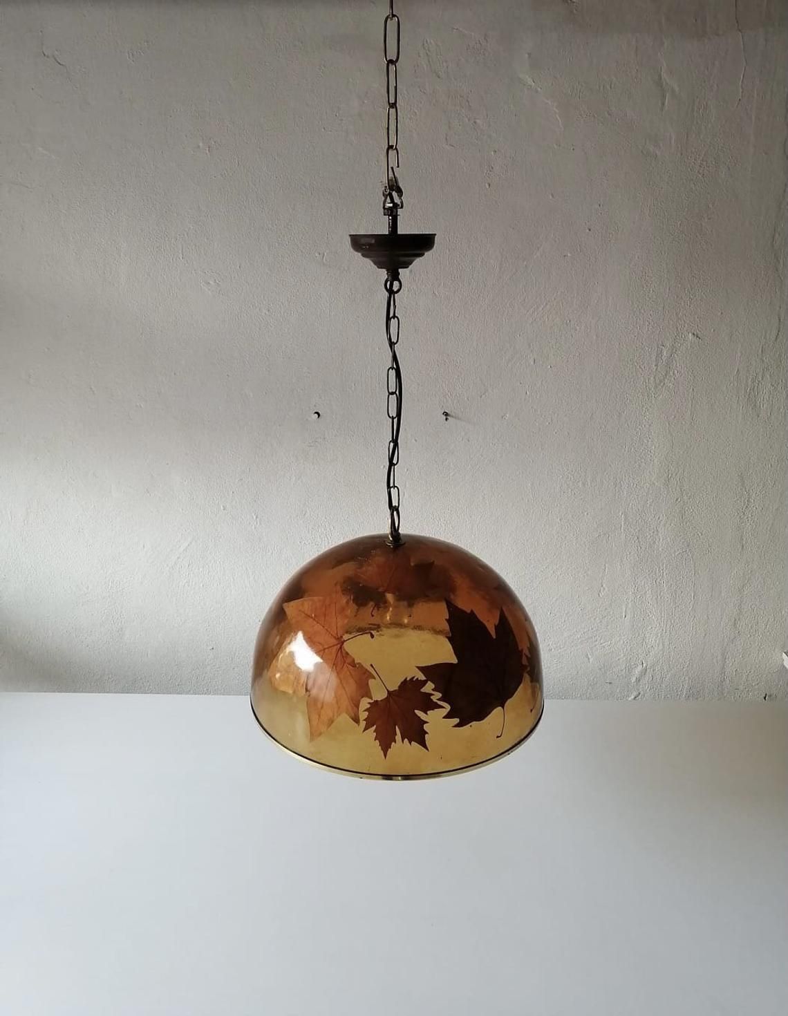 Wonderful Resin Shade With Real Leafs Italian Pendant Lamp, 1970s Italy photo 930.0