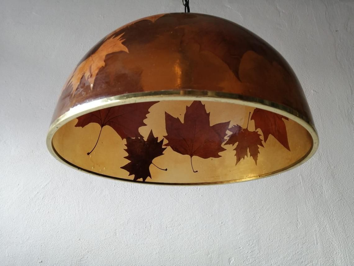 Wonderful Resin Shade With Real Leafs Italian Pendant Lamp, 1970s Italy photo buy