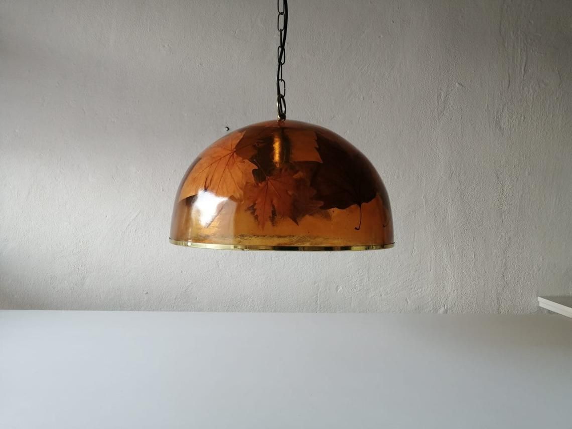 photo furniture Wonderful Resin Shade With Real Leafs Italian Pendant Lamp, 1970s Italy