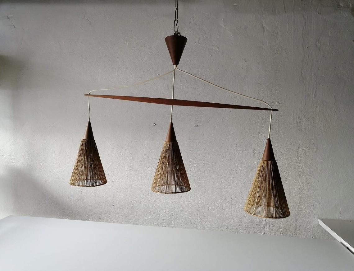 Rare Teak And Natural Ropes Triple Shade Ceiling Lamp By Ib Fabiansen For Fog & Mørup, 1960s Denmark photo furniture
