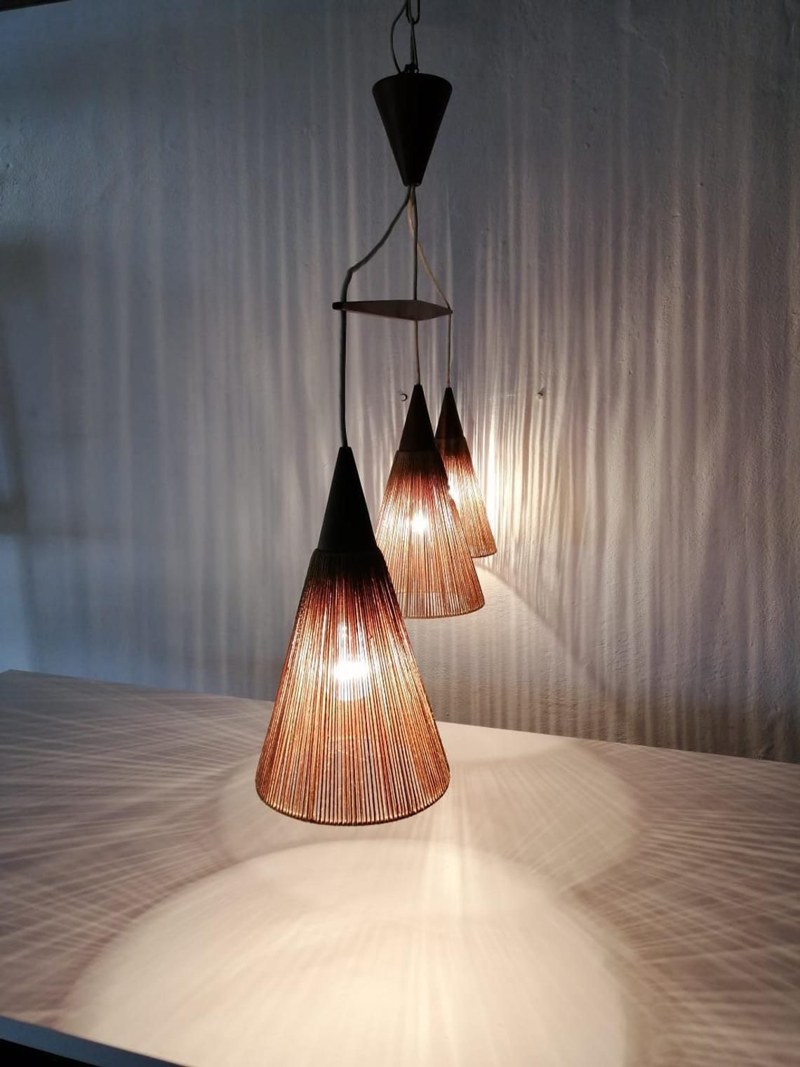 Rare Teak And Natural Ropes Triple Shade Ceiling Lamp By Ib Fabiansen For Fog & Mørup, 1960s Denmark photo 2573.0