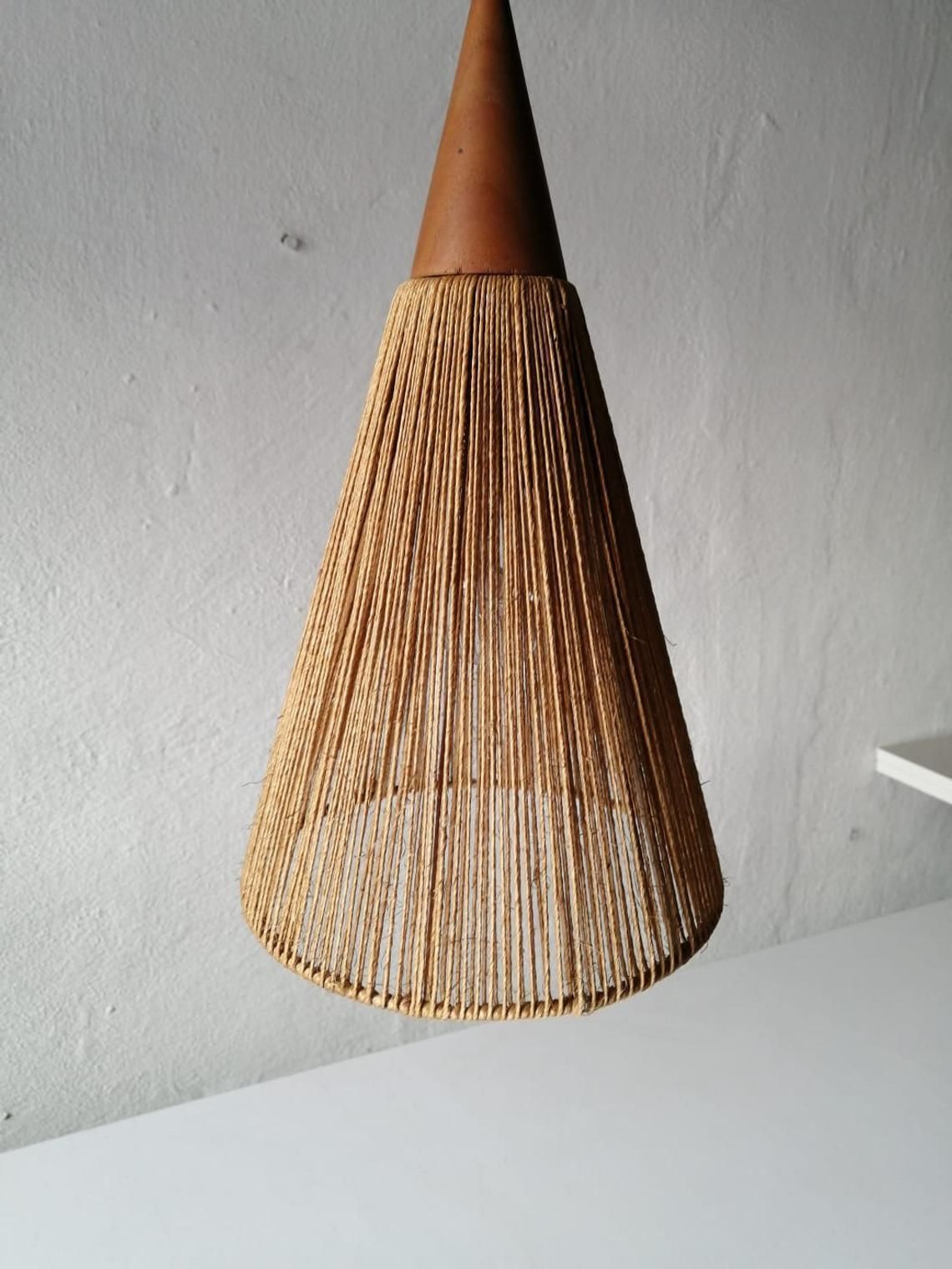 Rare Teak And Natural Ropes Triple Shade Ceiling Lamp By Ib Fabiansen For Fog & Mørup, 1960s Denmark photo vinterior