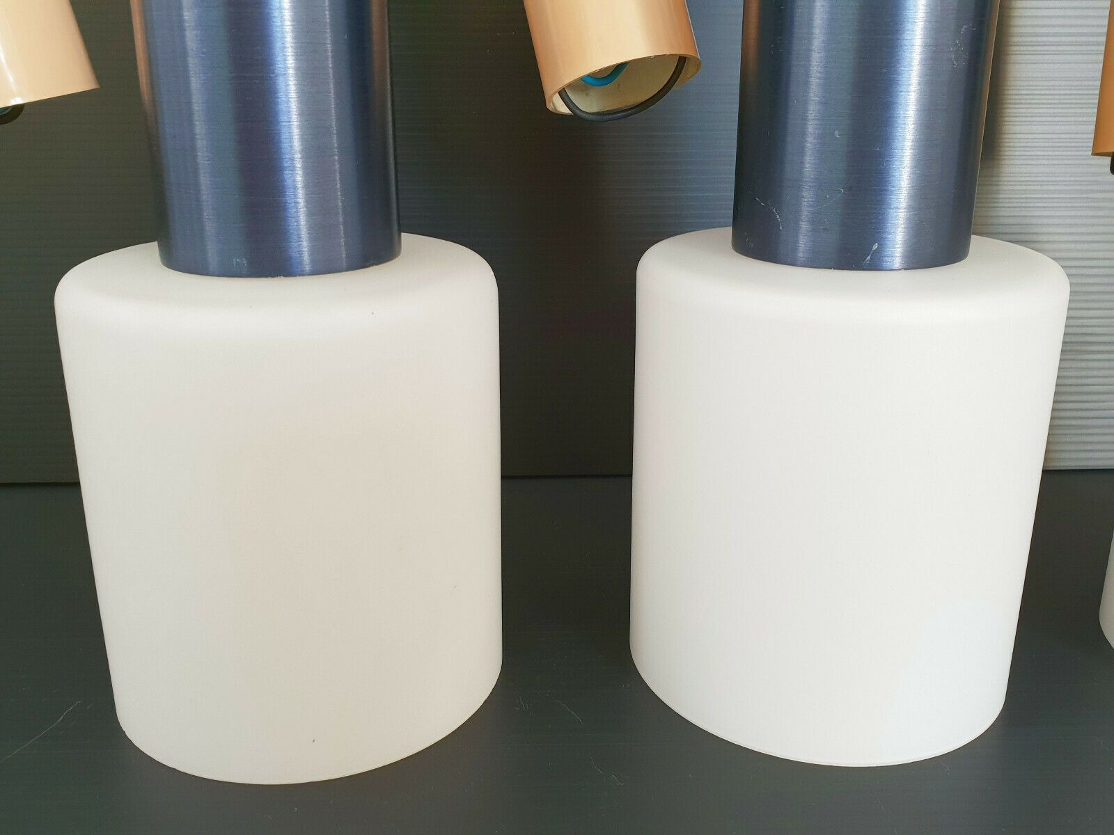 Suite Of 3 Lita 1960 Vintage Suspension Lusters Opaline Glass & Night Blue Steel photo furniture
