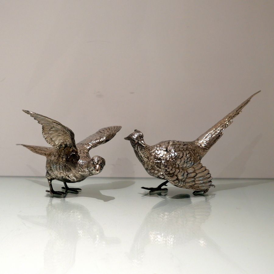20th Century Modern Sterling Silver Pair Of Large Pheasants London 1976 Mappin & Webb photo furniture