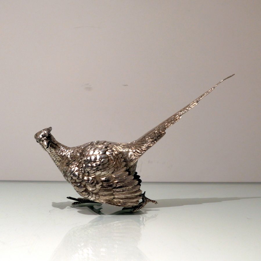 20th Century Modern Sterling Silver Pair Of Large Pheasants London 1976 Mappin & Webb photo Art
