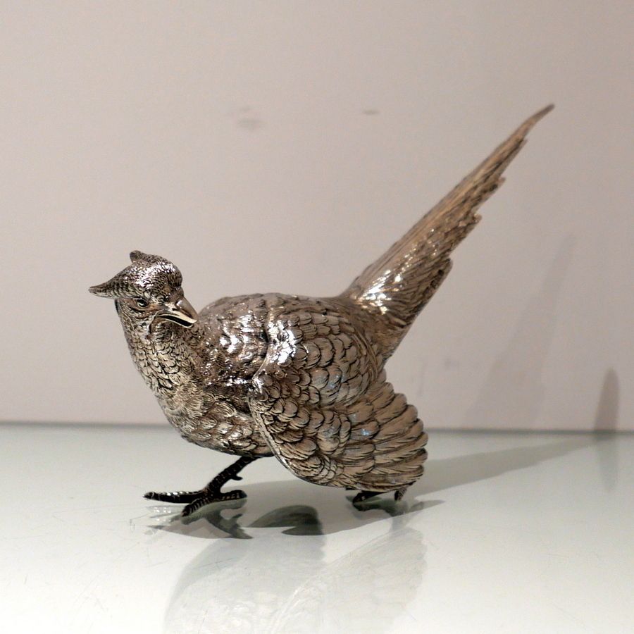 20th Century Modern Sterling Silver Pair Of Large Pheasants London 1976 Mappin & Webb photo buy