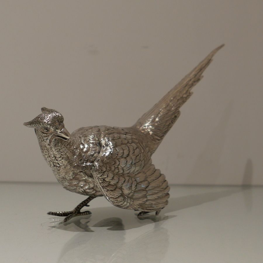 20th Century Modern Sterling Silver Pair Of Large Pheasants London 1976 Mappin & Webb photo vintage