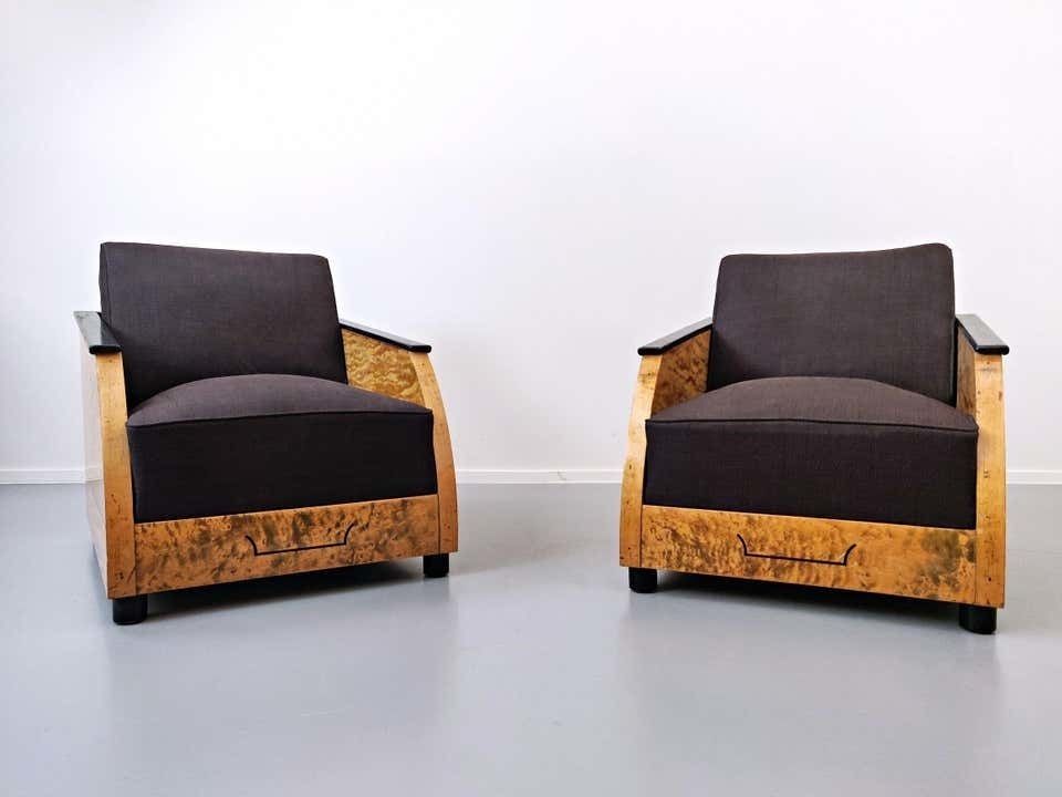 Pair Of Art Deco Club In Polished Burr Wood