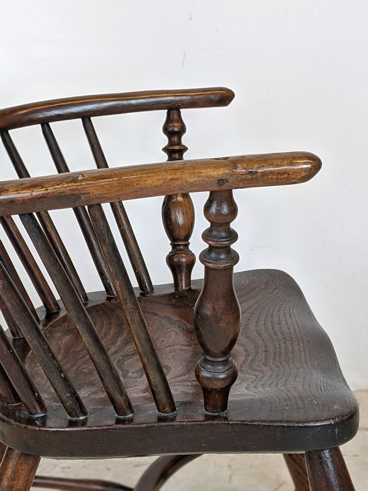 Antique Child's Windsor Chair, Yew And Elm, Crinoline Stretcher C.1830 photo for sale