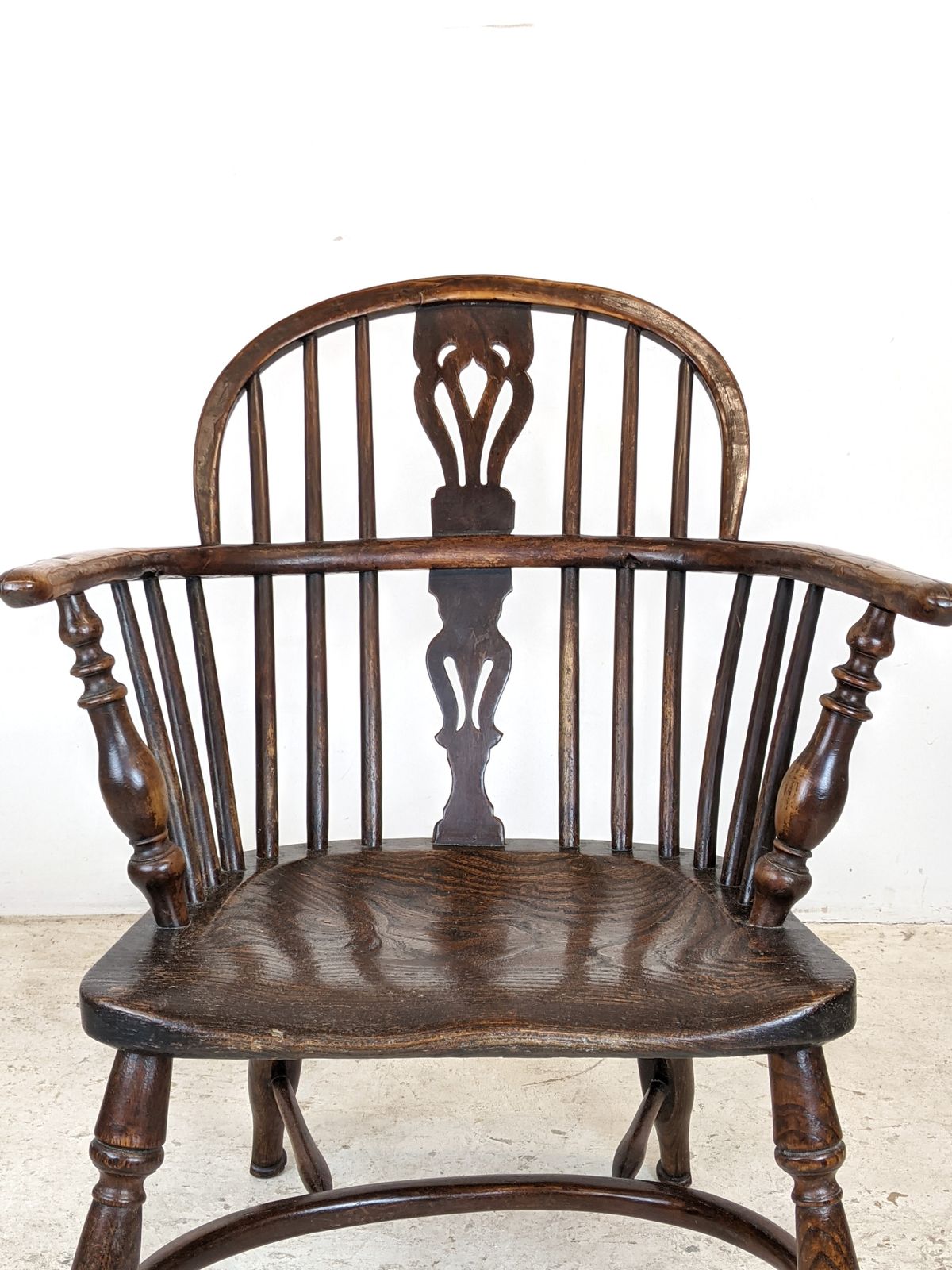 photo buy Antique Child's Windsor Chair, Yew And Elm, Crinoline Stretcher C.1830