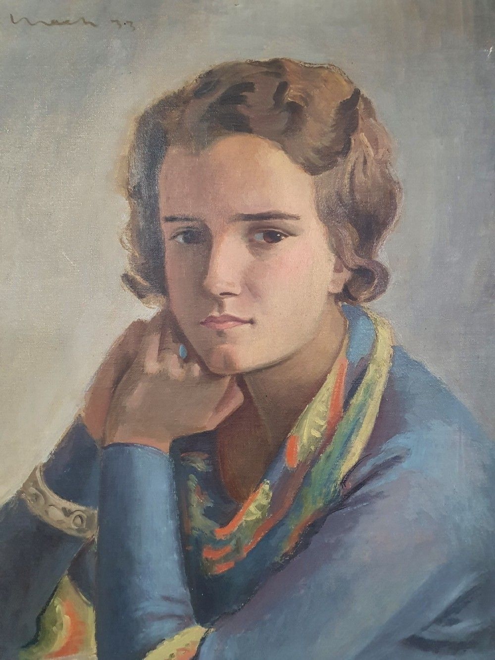 Portrait Of Young Girl, Art Deco French Oil On Canvas. Dated 1933 photo vintage