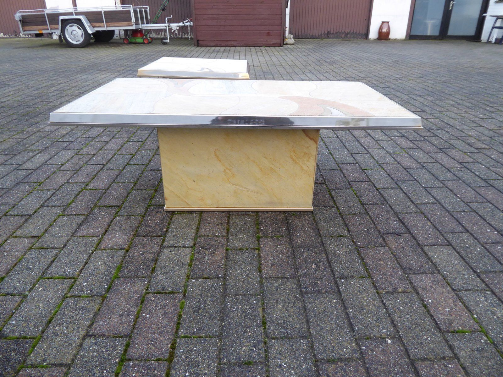 Inlaid Marble And Brass Coffee Tables By Paul Kingma For Fedam, 1970s, Set Of 2 photo vinterior