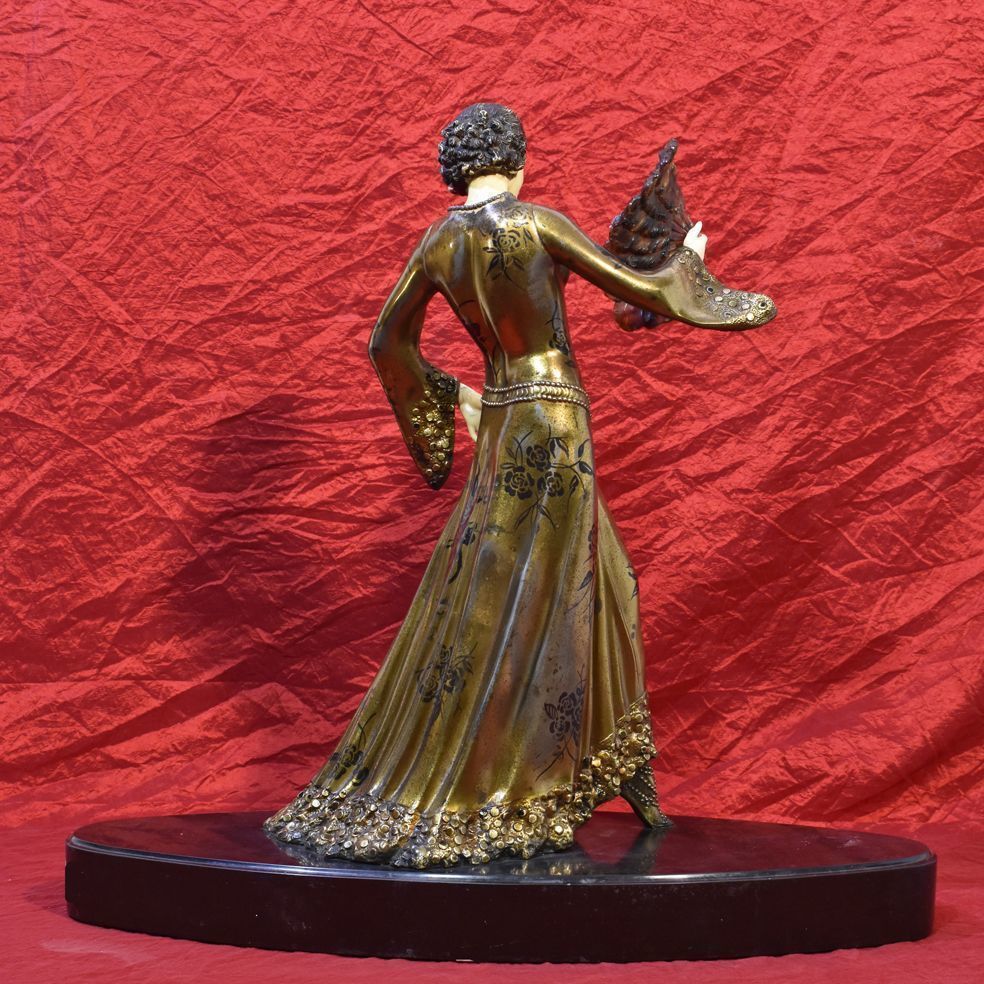 Antique Antimony Sculpture, Woman With Fan Sculpture, Art Deco, 20 Th Century. photo 1200.0
