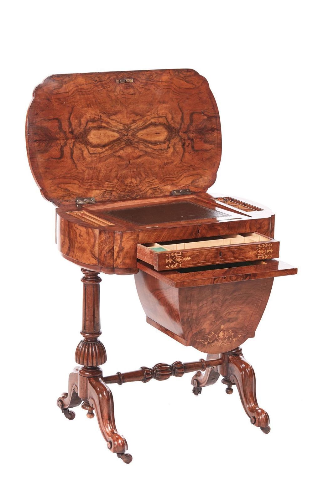 Antique Early Victorian 19th Century Inlaid Burr Walnut Writing Or Sewing Table photo for sale