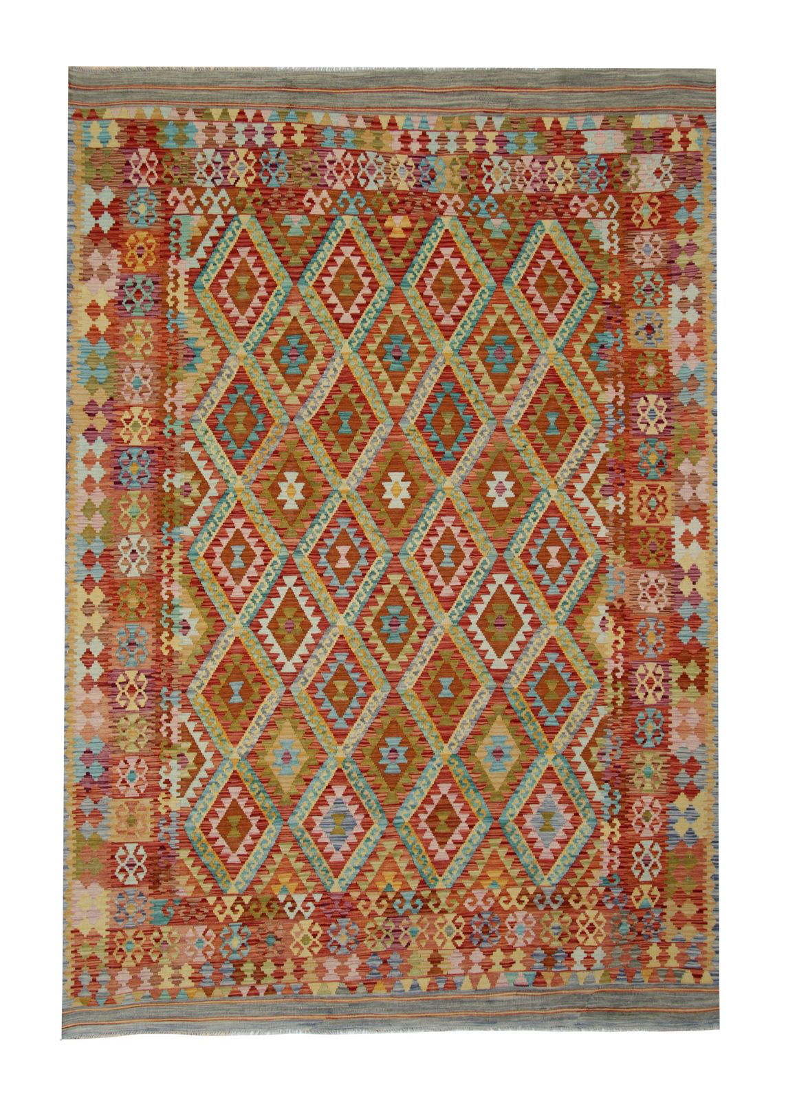 Vibrant Handmade Carpet Kilim Rug, Rust Traditional Geometric Kilim   204x297cm