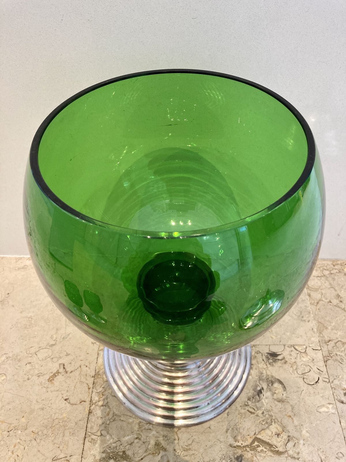 photo for sale Mid Century French Set Of Punch Bowl Green Glass With Top And 2 Matching Cups