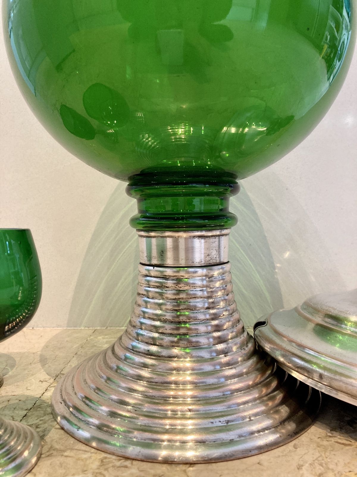 Mid Century French Set Of Punch Bowl Green Glass With Top And 2 Matching Cups photo buy