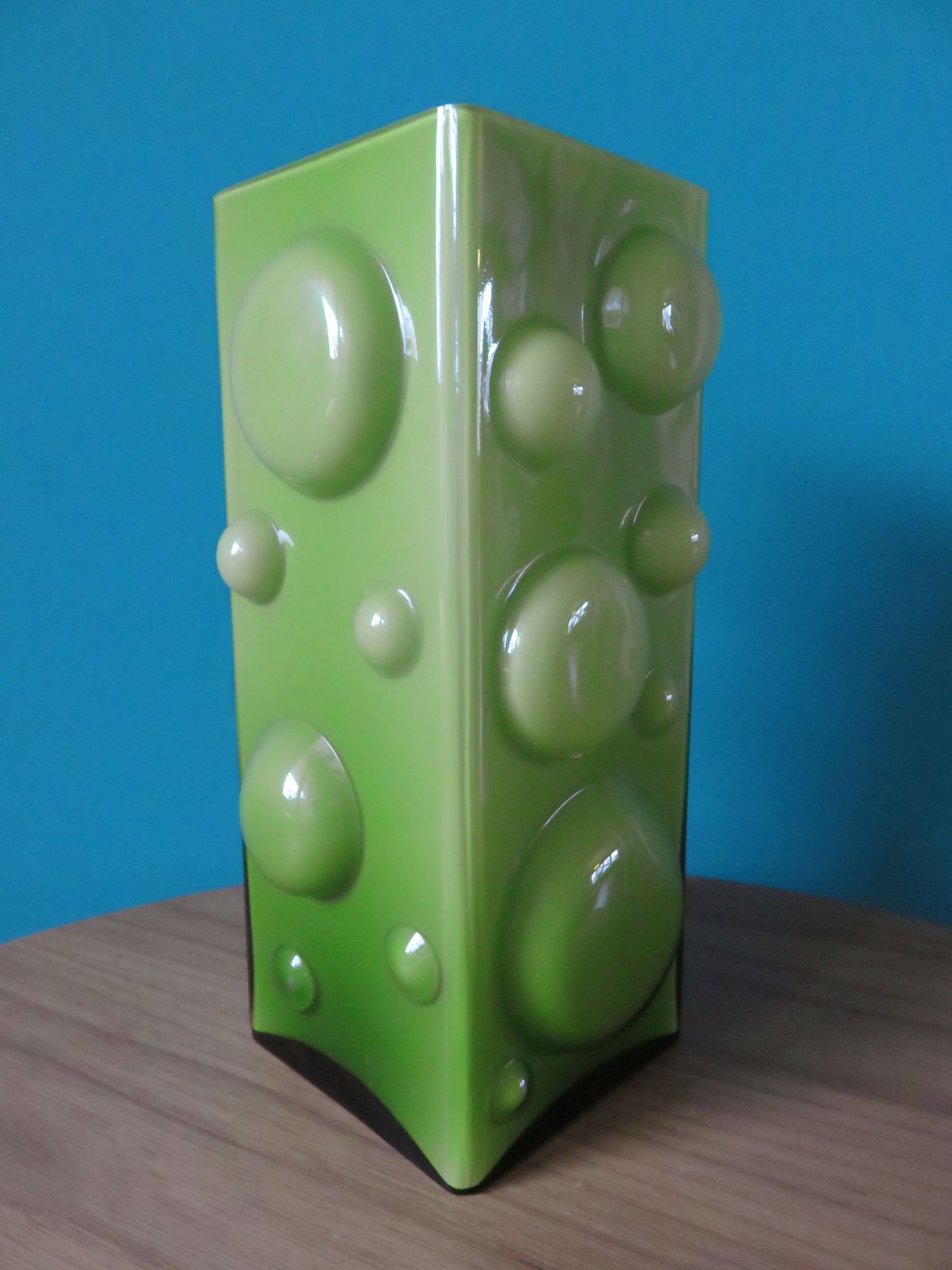 Large Square Half Bubble Vase In Apple Green Lined Glass   Denmark 1975 photo for sale