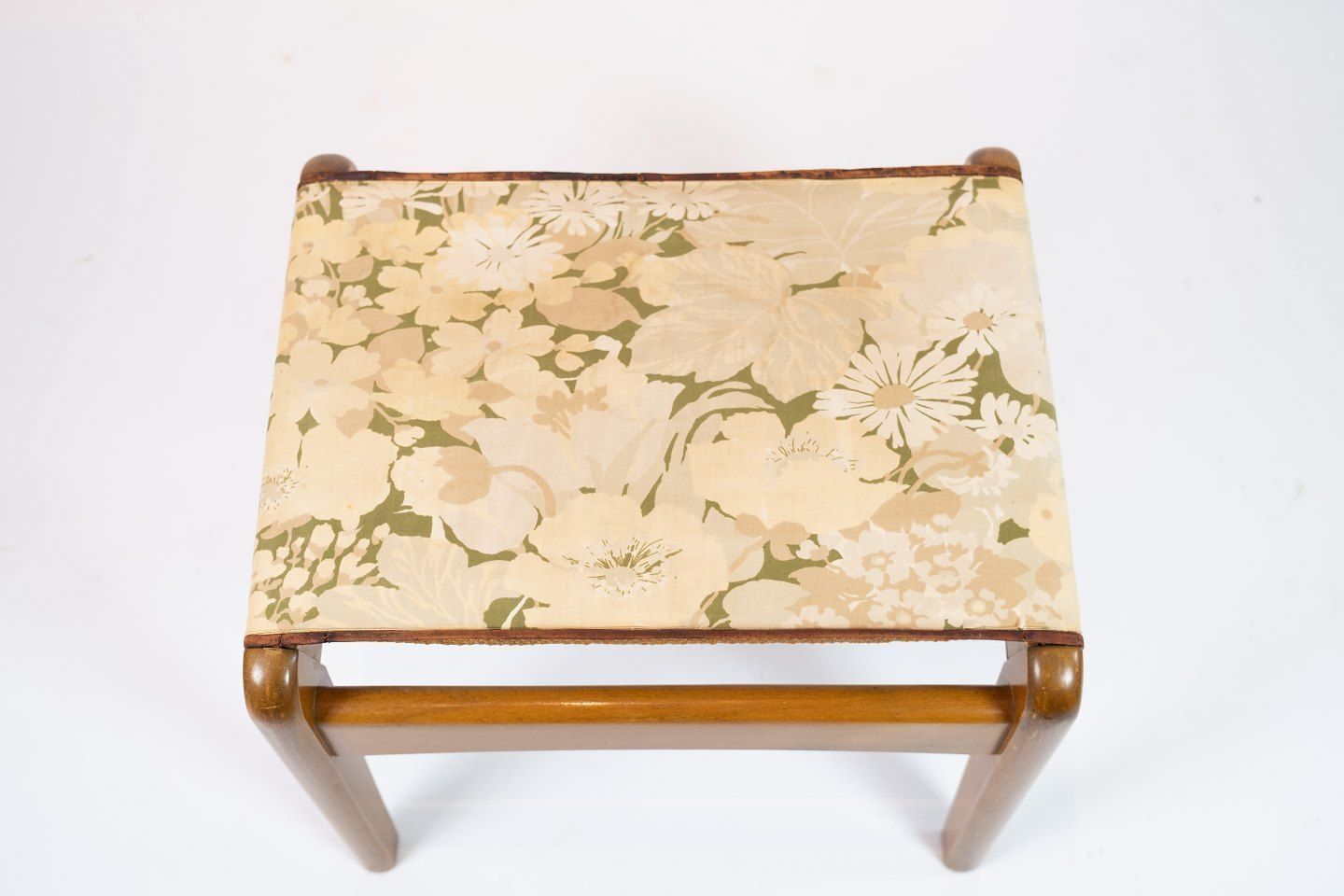 A Pair Of 2stools In Light Polished Wood And Upholstered With Light Floral Fabric From The 1960s. photo for sale