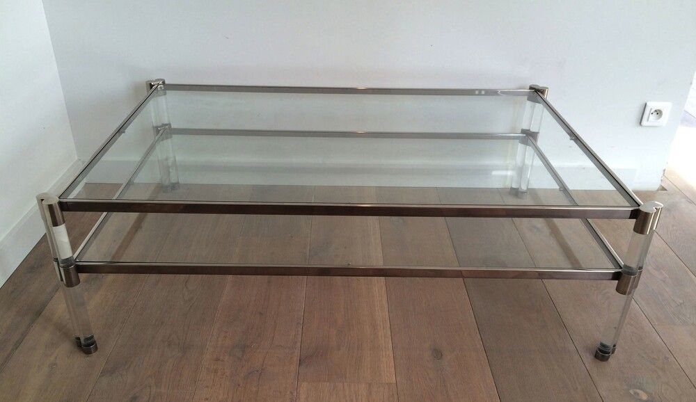 Large Lucite And Chrome Coffee Table With 2 Glass Shelves. French Work. Circa 1970 photo for sale