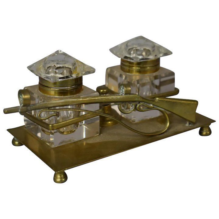 Antique Brass Gun Rifle Inkwell photo furniture