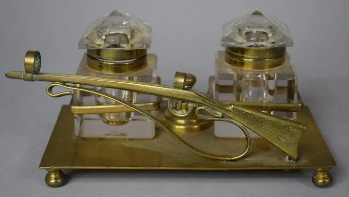 Antique Brass Gun Rifle Inkwell photo for sale
