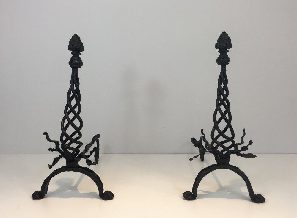 Pair Of Twisted Wrought Iron Andirons With Finials. French. Circa 1940 photo furniture