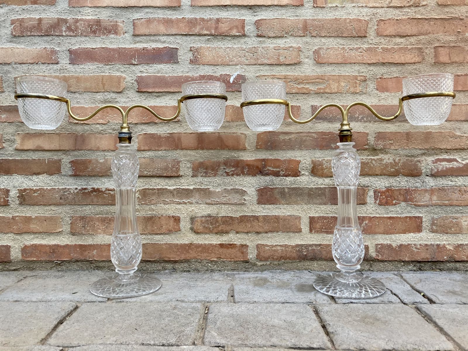 Late XIX Pair Of Victorian Cut Glass Candle Holders In Brass From Cricklite Clarke Trade