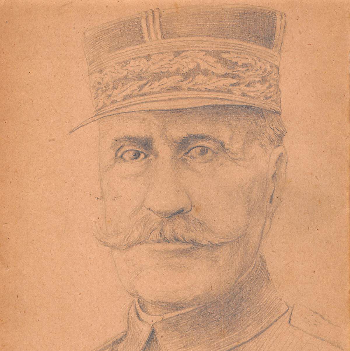 Original Drawing Portrait Of Marshal Foch In Pencil On Early 20th Century Paper