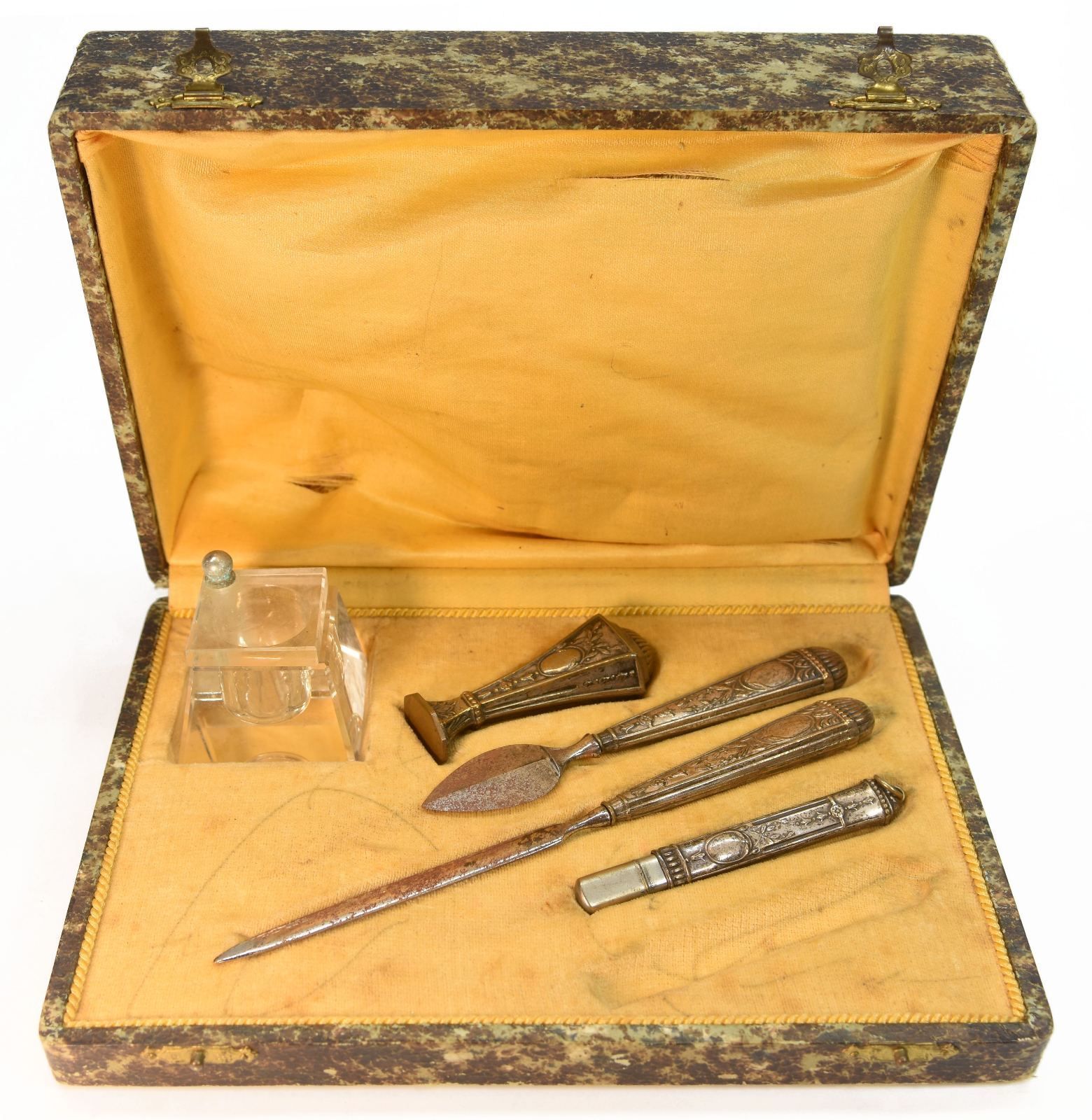 Old Silver Plated 5 Piece Seal Box With Inkwell